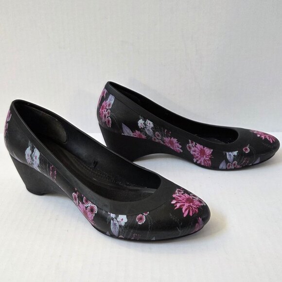 Crocs Shoes Womens 8 US Black Floral Purple Dual Comfort Lina Wedge Pumps - Picture 6 of 9